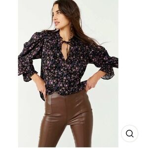 Free People Meant To Be Top Dark Floral Long Sleeve Button Down Top Shirt Size S